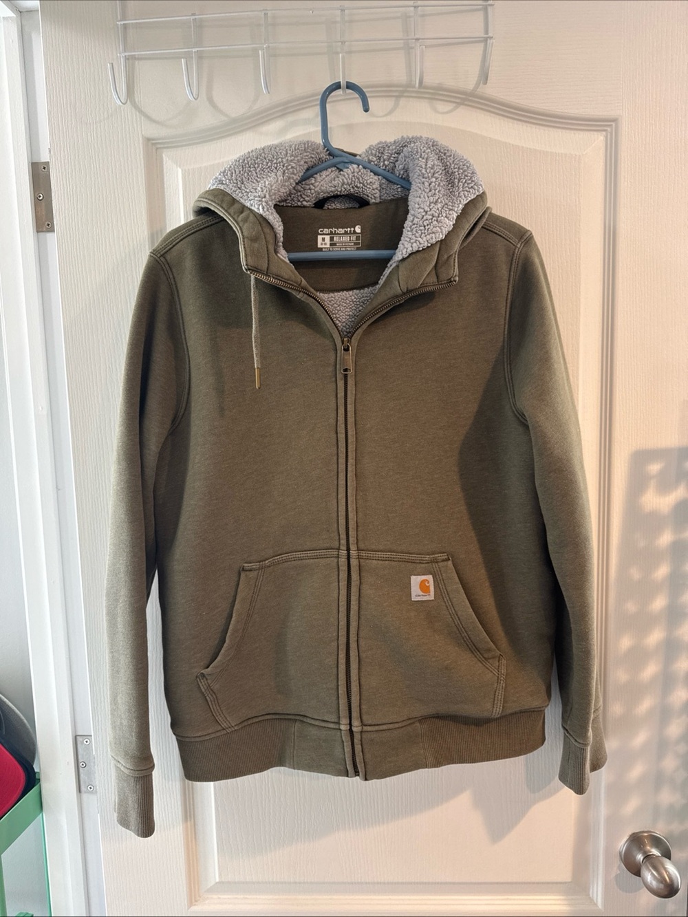 Carhartt Olive Green Zip-Up Hoodie with Light Gray Sherpa Hood